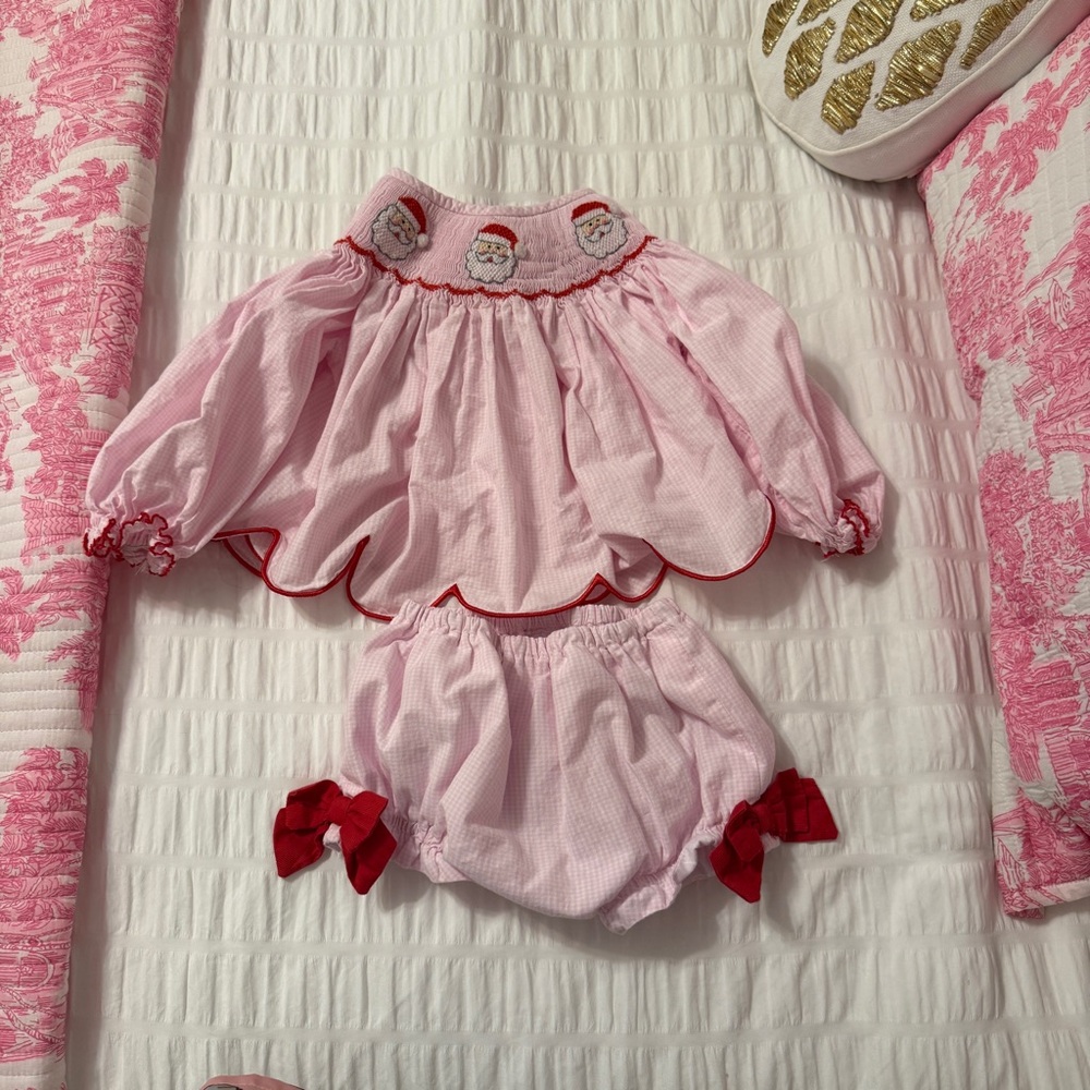 Pink Santa Smock with Red Bows Baby Girl Outfit